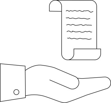 Bir el, basit bir sanat tarzında sunulan veya paylaşılan bilgiyi, bilgiyi ya da mesajı sembolize eden bir parşömen sunuyor.