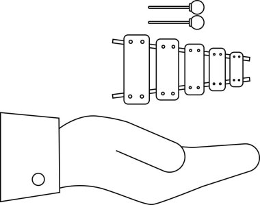Ksilofon tutan bir elin basit bir çizgisi çizimi, eğitim materyalleri veya müzikal temalar için mükemmel..