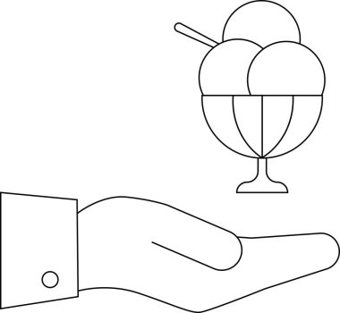 Üç top dondurma ve bir kaşık ile dondurma sunan bir elin sunduğu minimalist bir sanat çizgisi çizimi, tatlı ya da ikram için mükemmel..