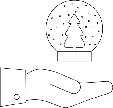 Bir el, içinde Noel ağacı olan bir kar küresi tutuyor. Etrafı kar taneleriyle çevrili..
