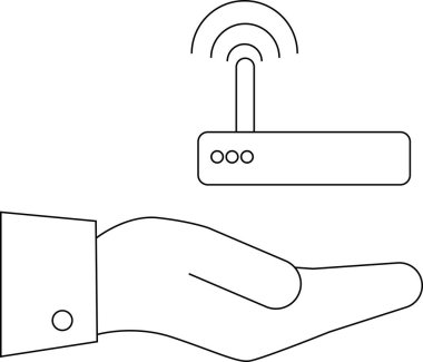 Modern, minimalist bir tasarımda internet erişimini ve bağlantıyı sembolize eden kablosuz bir yönlendirici sunan bir el..