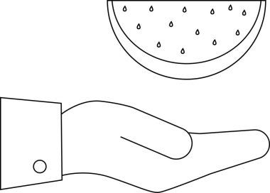Bir elin basit bir çizimi bir dilim karpuz sunuyor, renklendirici veya tasarım elementleri için uygun..