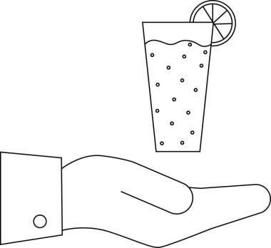 Limon dilimi ile süslenmiş uzun bir bardak şampanya sunan bir elin çizgili çizgisi. Konukseverliği ya da ferahlatıcı bir içeceği simgeliyor..