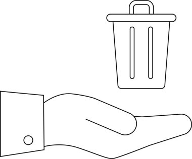 Çöp tenekesi sunan bir elin tasviri, atık yönetimi ve çevre sorumluluğunu sembolize ediyor. Çok yönlü kullanım için temiz satır sanatı.