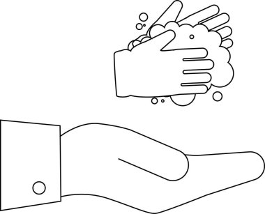 El yıkamayı sabunla tasvir eden, hijyen ve temizliği vurgulayan basit bir siyah-beyaz çizim..