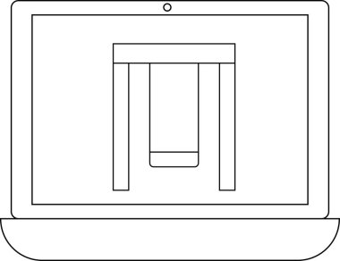 Bir dizüstü bilgisayar ekranı salıncak setinin basit bir çizgi çizimini gösterir, tasarım veya çocukluk temalarını önerir.