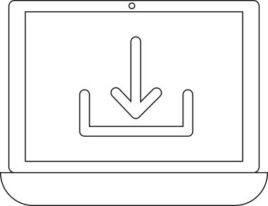 İndirme simgesini gösteren, teknoloji, veri transferi ve dijital erişimi temsil eden bir dizüstü bilgisayarın minimalist çizgisi çizimi.