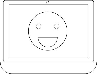 Bir dizüstü bilgisayarın minimalist çizgisi çizimi ekranında gülen bir yüz gösteriyor, pozitiflik ve teknoloji aktarıyor..