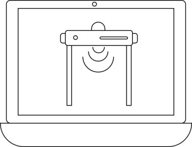 Bir dizüstü bilgisayar, dijital güvenlik ve erişim kontrolünü sembolize eden, basit satır sanatında yapılmış bir güvenlik kapısı simgesini gösterir.
