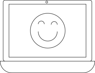 Ekranında gülümseyen bir yüz gösteren, pozitiflik ve teknolojiyi yansıtan minimalist siyah beyaz bir dizüstü bilgisayar..