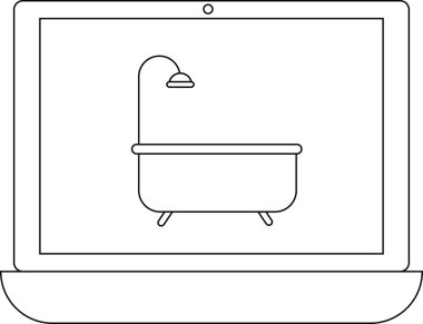 Dizüstü bilgisayar ekranında küvetin duş başlığıyla basit bir çizimi var. İnternetten alışveriş veya banyo tasarımı kavramları öneriliyor..