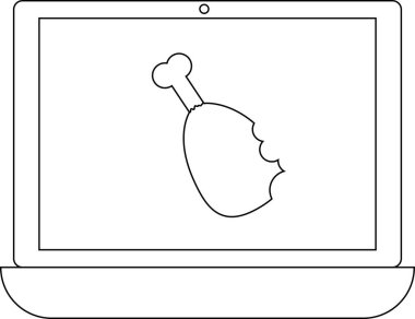 Ekranda tavuk budu çizimi olan bir dizüstü bilgisayar çizimi, beyaz arka planda bir ısırık izi var..