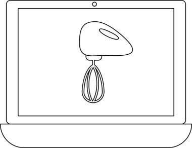 Bir dizüstü bilgisayar ekranında teknoloji ve aşçılık sanatlarının kesişme noktasını sembolize eden bir el mikseri, yemek blogları veya cihaz incelemeleri için ideal.