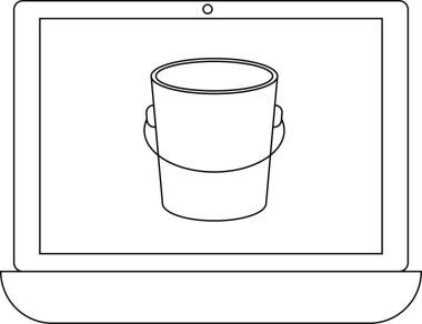 Bir dizüstü bilgisayar ekranında görevleri, depolamayı veya çevrimiçi aktiviteleri sembolize eden basit bir kova çizimi gösterilir. Tasarım temiz ve minimalist..