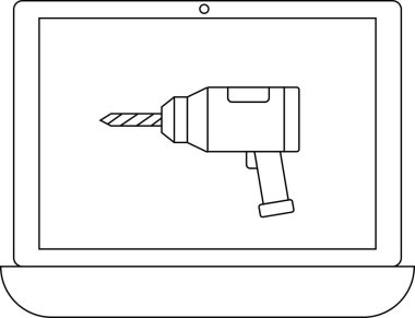 Bir dizüstü bilgisayar ekranı bir matkap simgesi gösterir, yazılım kurulumunu veya sistem yapılandırmasını sembolize eder, bilgisayardaki teknik süreci gösterir.