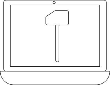 Bir dizüstü bilgisayar ekranında dijital bağlamda yazılım geliştirme, araçlar veya inşaatı sembolize eden bir çekiç simgesi görüntülenir.