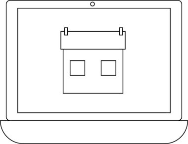 Bir dizüstü bilgisayar ekranında bir ev simgesi, gayrimenkul, emlak yönetimi veya çevrimiçi ev hizmetlerini sembolize eden, temiz ve minimalist bir tasarım sunuluyor..