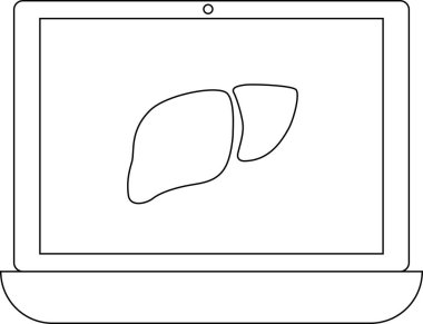 Bir dizüstü bilgisayarda tıbbi teknolojiyi, sağlık hizmetini ve çevrimiçi tanı sistemini temsil eden bir karaciğer taslağı var. Görüntü dijital sağlık çözümleri ve tıbbi bilgi erişimini sembolize ediyor.