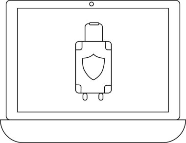 Bir dizüstü bilgisayar ekranında, seyahat sigortasını ve gezginler için çevrimiçi korumayı temsil eden kalkanlı bir bavul simgesi görüntülenir.