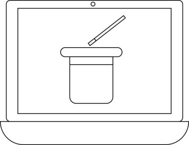 Bir dizüstü bilgisayar ekranında üzerinde bir değnek olan sihirli bir şapkanın dijital sihri ya da çevrimiçi illüzyonları sembolize eden basit bir çizimi gösterilir..