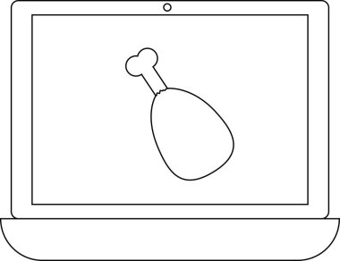 Tavuk budu simgesini gösteren, çevrimiçi yemek siparişini, yemek pişirme derslerini veya dijital gıda içeriğini sembolize eden bir dizüstü bilgisayar. Basit siyah beyaz tasarım.