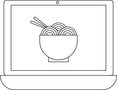 Bir dizüstü bilgisayar ekranında yemek çubuklarıyla bir kase eriştenin basit bir çizimi görülüyor. Bu da yemekle ilgili içeriği veya internetten sipariş verildiğini gösteriyor..