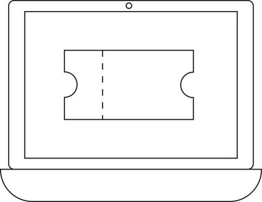 Bir dizüstü bilgisayar bir bilet gösterir, çevrimiçi bilet satışı, etkinlik erişimi ve dijital eğlenceyi sembolize eder. Görüntü, kolaylık ve modern teknoloji sunar..