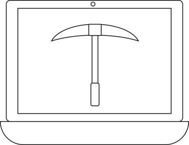 Bir dizüstü bilgisayar ekranında, modern, teknolojik bir bağlamda dijital madenciliği, kripto para birimini veya veri alımını sembolize eden bir kazma görüntüsü gösterilir..