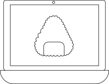 Dizüstü bilgisayar ekranında bir Japon pirinç topu olan onigiri düz bir zemine çizilmiş..