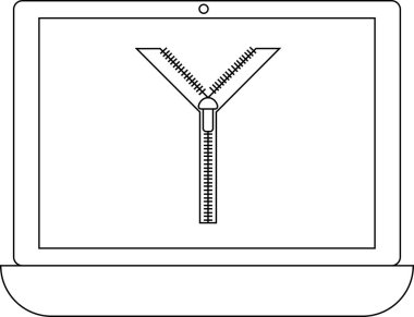 Bir dizüstü bilgisayar ekranı açık bir fermuar grafiğini gösterir, veri sıkıştırmayı veya çıkarmayı simgeler, minimal siyah ve beyaz bir resimde.
