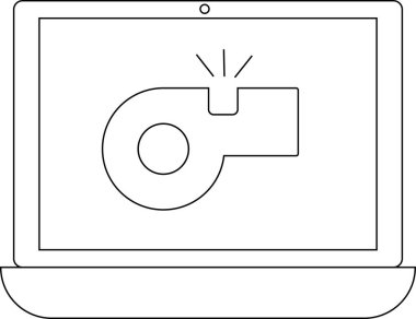 Bir dizüstü bilgisayar ekranında bir ıslık simgesi gösterilir, çevrimiçi muhbirlik, etik habercilik ve dijital şeffaflığı temiz, minimalist bir tasarımla temsil eder..
