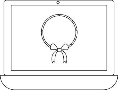 Bir dizüstü bilgisayarın minimalist çizimi ekranında bayram temalı tasarımlar için mükemmel bir fiyonk ve şenlik çelengi sergiliyor..