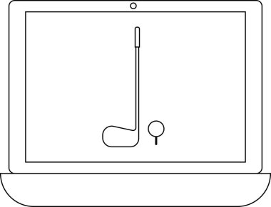 Bir dizüstü bilgisayar bir golf sopası ve top ikonunu, spor veya eğlence aktivitelerini dijital bağlamda sembolize ederek gösteriyor. Minimalist tasarım çeşitli uygulamalar için uygundur.