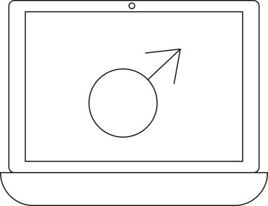 Bir dizüstü bilgisayar ekranında erkek cinsiyet sembolü siyah beyaz olarak gösteriliyor, teknoloji ve cinsiyet kimliğini temsil ediyor..