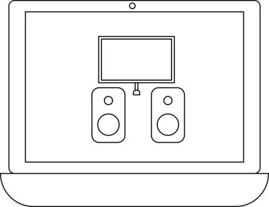 Dış monitör ve hoparlörlere bağlı bir dizüstü bilgisayarın basit bir çizgisi çizimi, teknoloji veya multimedya kavramları için idealdir.