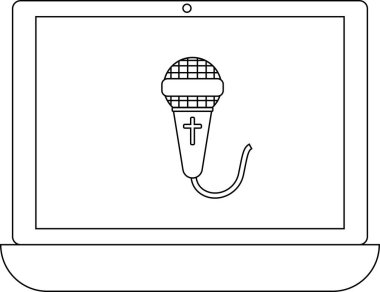 Bir dizüstü bilgisayar ekranında çevrimiçi dini yayınları veya sanal kilise hizmetlerini temsil eden çapraz sembollü bir mikrofon görüntülenir.