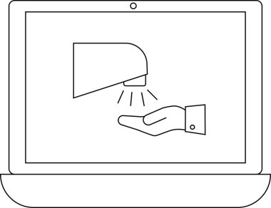 Bir dizüstü bilgisayar ekranında dijital formatta hijyen, teknoloji ve modern kolaylığı sembolize eden bir el kurutma simgesi gösterilir..