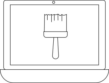 Bir dizüstü bilgisayar ekranı, sanatçılar ve tasarımcılar için dijital sanatı, tasarım yazılımını ve yaratıcı araçları sembolize eden bir boya fırçası simgesini gösterir..