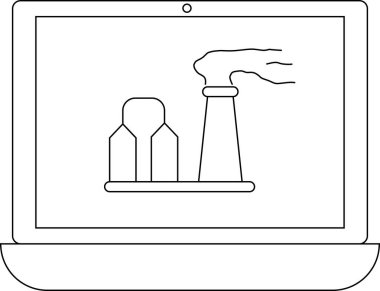 Bir dizüstü bilgisayar ekranı kirliliği ve çevresel kaygıları temsil eden duman yayan bir fabrika gösteriyor. Görüntü endüstrinin çevre üzerindeki etkisini vurguluyor.