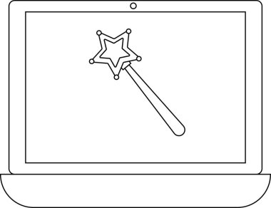 Dizüstü bilgisayar ekranında dijital yaratıcılığı, yeniliği ve teknolojinin tasarım ve geliştirmedeki dönüştürücü gücünü sembolize eden sihirli bir değnek var..