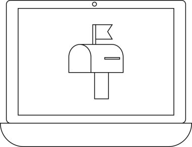Bir dizüstü bilgisayar ekranında bir posta kutusu simgesi gösterilir, e-posta iletişimini ve dijital yazışmaları simgeler basit, temiz bir tasarım içinde.