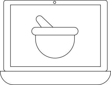 Bir dizüstü bilgisayar, çevrimiçi eczane hizmetleri ve dijital sağlık çözümlerini sembolize eden bir havan ve tokmak simgesi gösterir.