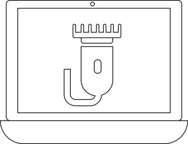 Bir dizüstü bilgisayar ekranında elektrikli saç makasının basit bir çizimini gösterir, teknoloji veya tımar etme önerisi.