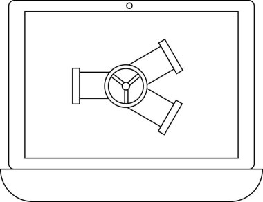 Bir boru hattı vanasının bir simgesini gösteren, teknoloji ve endüstriyi sembolize eden bir laptop. Vana ekranın ortasında..