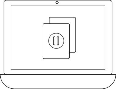 Bir dizüstü bilgisayar ekranı, basit satır sanatında yapılmış, ortam veya görev yönetimi öneren iki belgede duraklat simgesini gösterir.