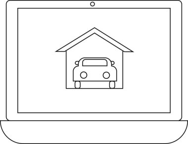 Bir dizüstü bilgisayarda evin içine park etmiş bir arabanın bir simgesi var. Çevrimiçi araba sigortasını ya da ev garajını simgeliyor..
