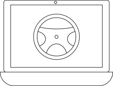 Bir dizüstü bilgisayar ekranında bir direksiyon simgesi gösterilir, çevrimiçi sürüş eğitimini sembolize eder, sürücüler için e-öğrenme veya sanal sürüş simülasyonu.