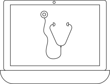 Steteskopu gösteren basit bir dizüstü bilgisayar çizimi, teletıp, çevrimiçi sağlık hizmetlerini ve uzaktan tıbbi muayeneleri temsil ediyor..
