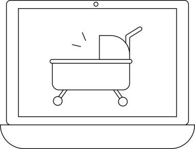 Bir dizüstü bilgisayar bebek arabası gösteriyor, çevrimiçi bebek ürünü alışverişini sembolize ediyor. Web tasarımı için basit satır sanatı.