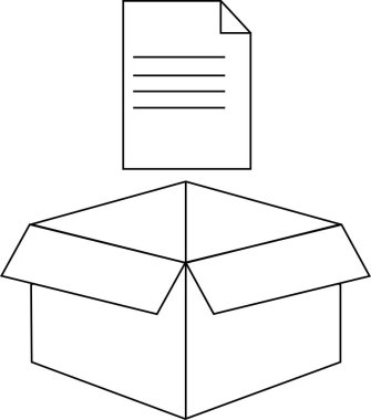 Açık bir kutunun üzerinde asılı duran, veri depolama, arşivleme veya bilgi yönetimi kavramlarını sembolize eden basit bir satır çizimi.